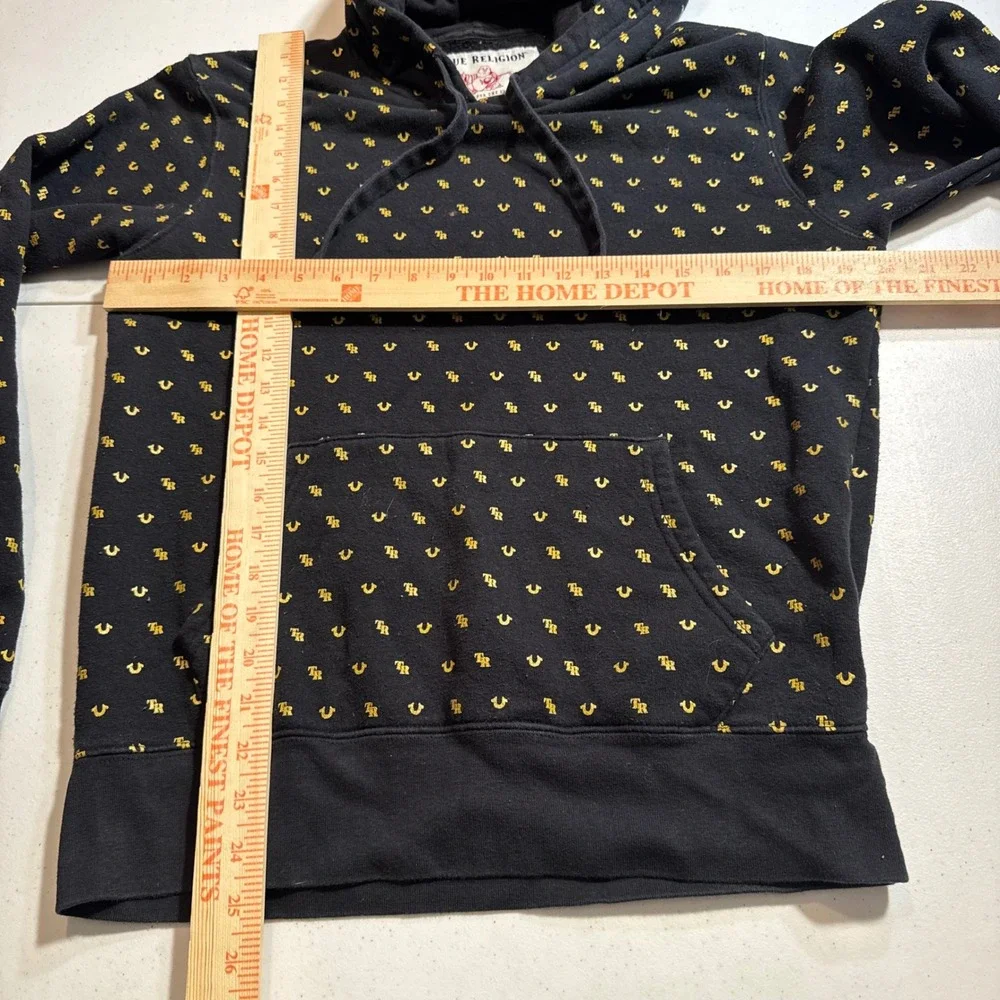 Y2K Style True Religion All Over Print Horseshoe Logo Hoodie Black‎ Gold Small
